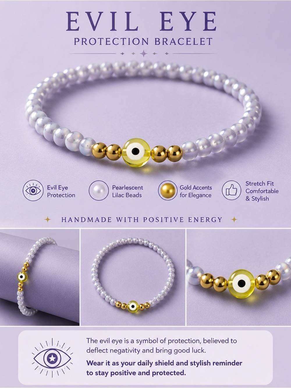 Evil Eye Protection Bracelet - Pearlescent Lilac with Gold Accents #04